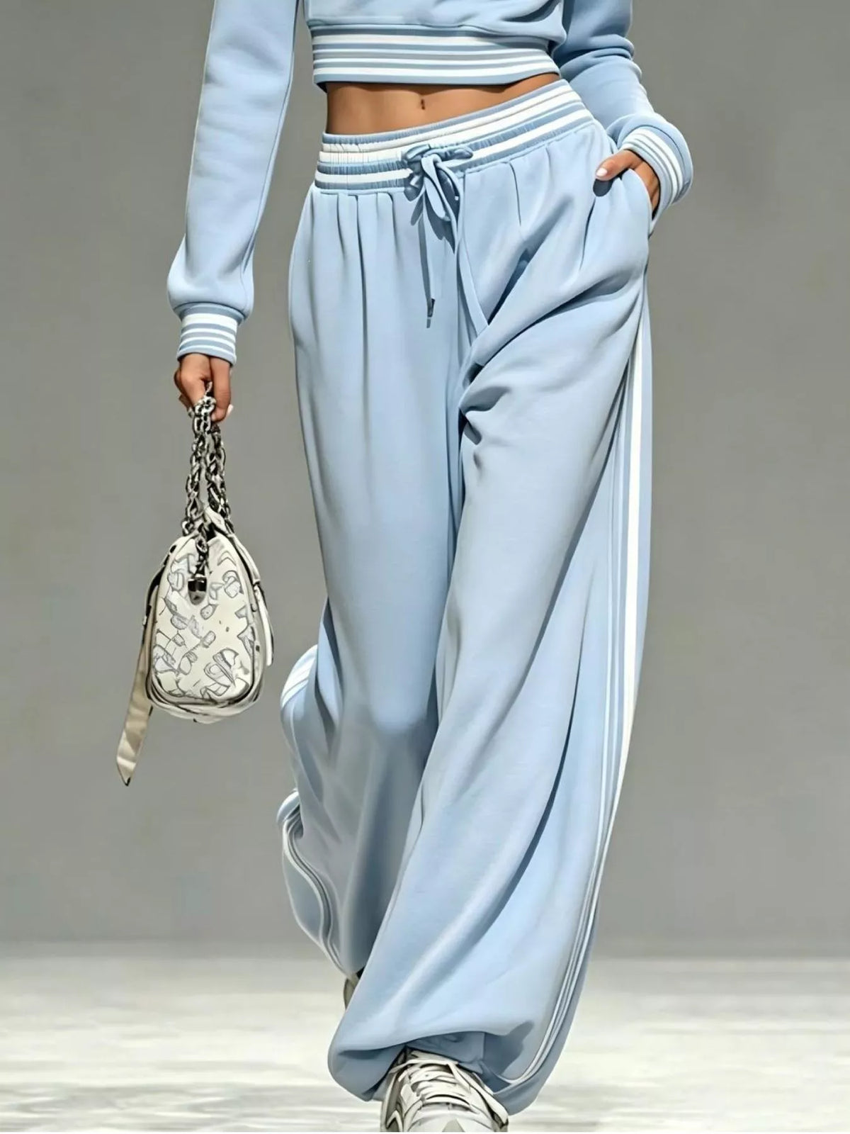 Full Size Half Zip Cropped Top and Pants Set Plus Size - Light Blue - View 3