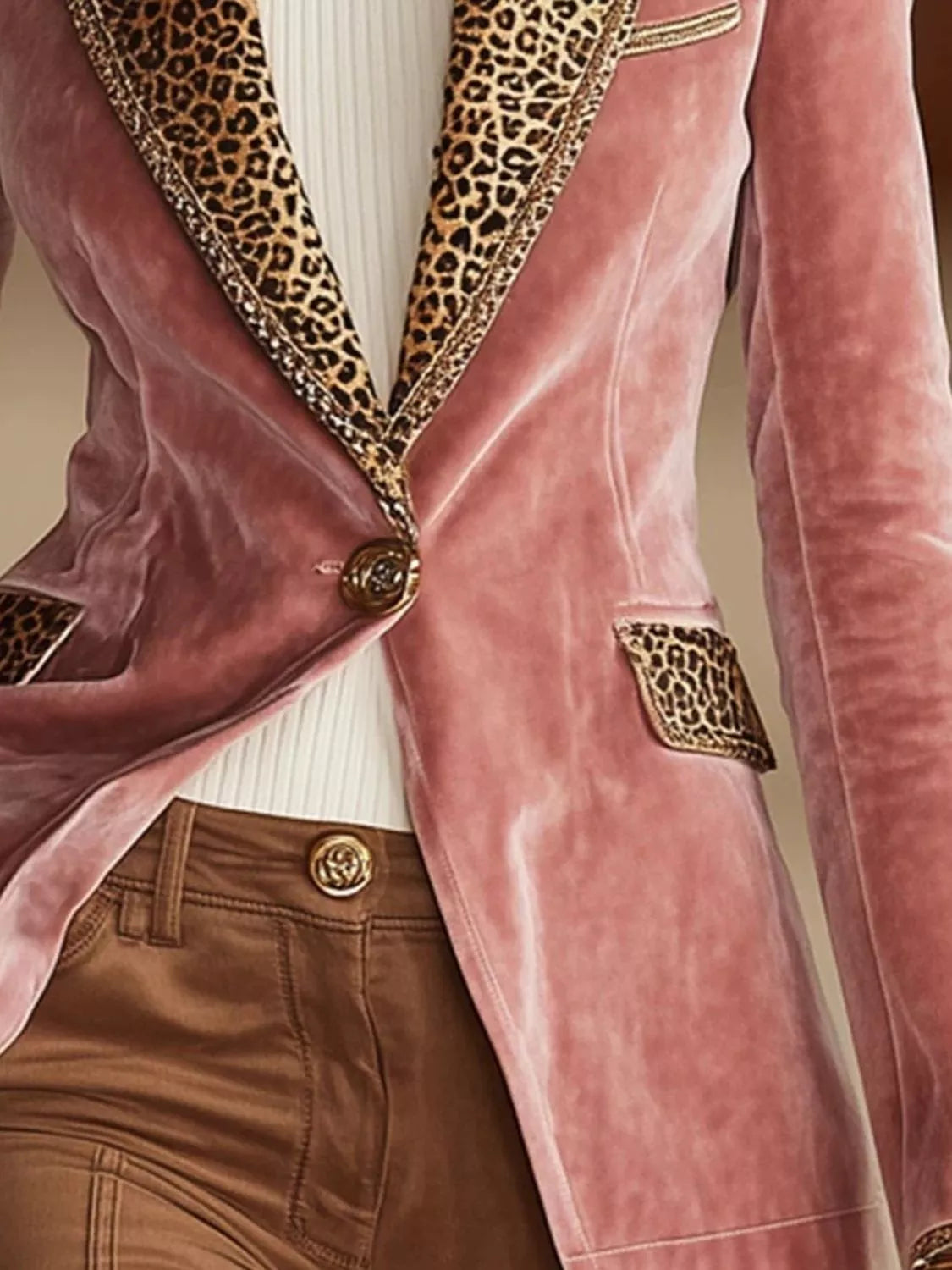 Full Size Leopard Collar One Button Blazer Plus Size - Pink - View 3