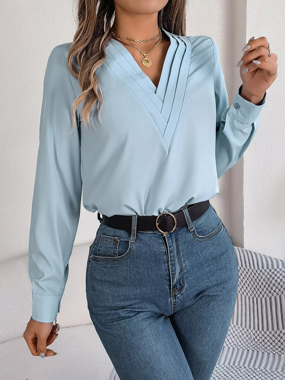 Layered V-Neck Long Sleeve Blouse - Light Blue - View 1
