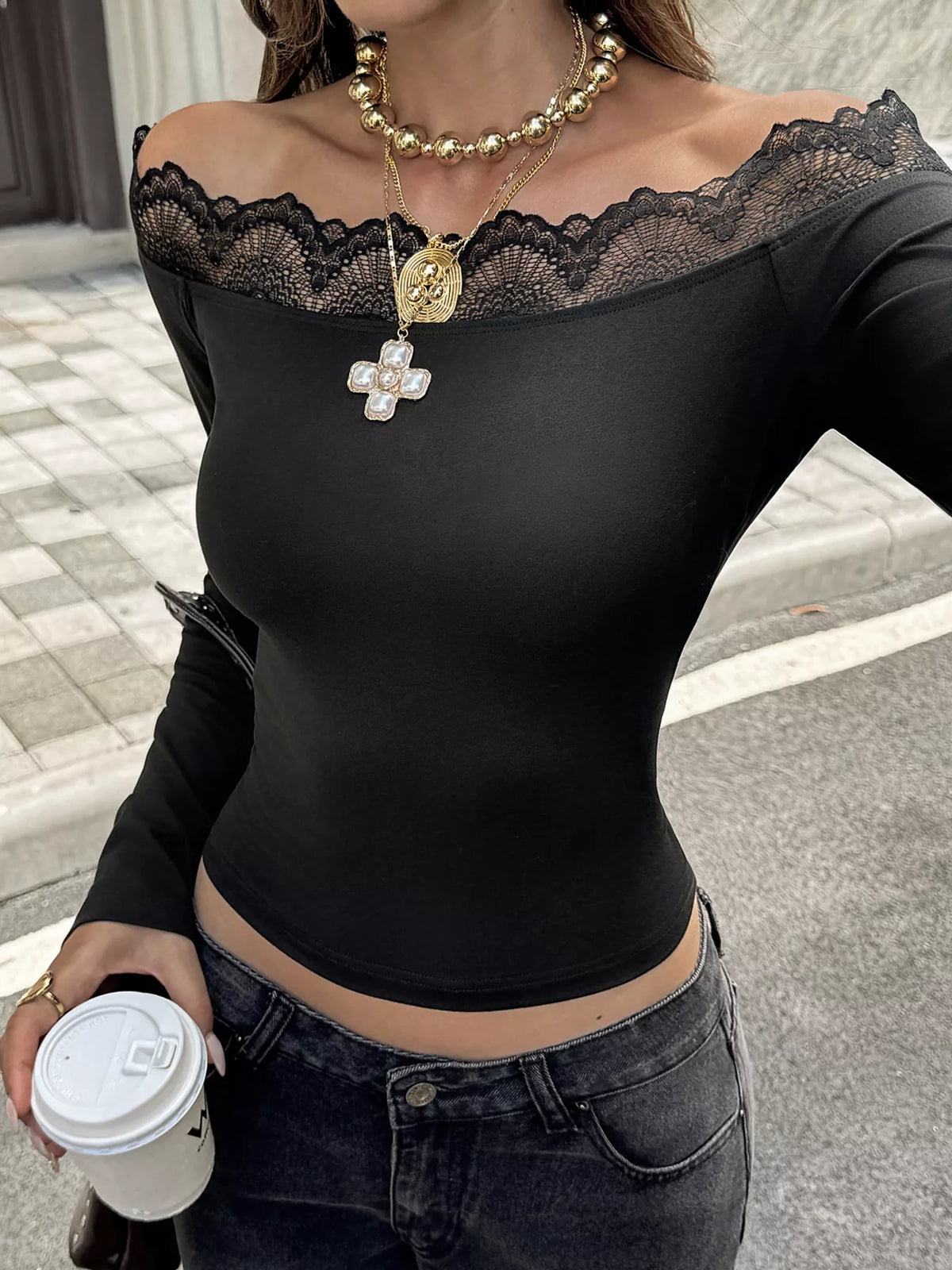 Off-Shoulder Lace Trim Long Sleeve T-Shirt - Black - View 4