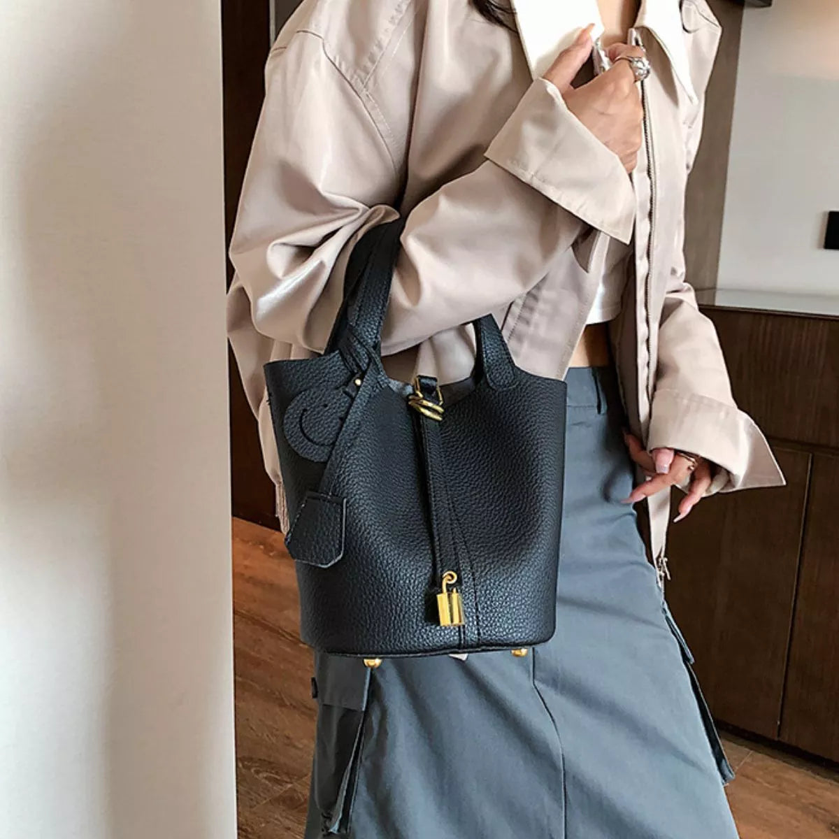 Bucket Crossbody Bag with Lock Detail - Black - View 2