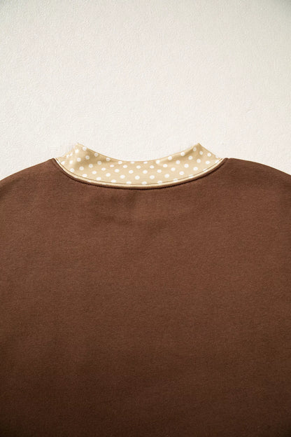 Polka Dot Trim High Neck BLESSED Letter Graphic Baggy Sweatshirt - Dark Brown - View 5