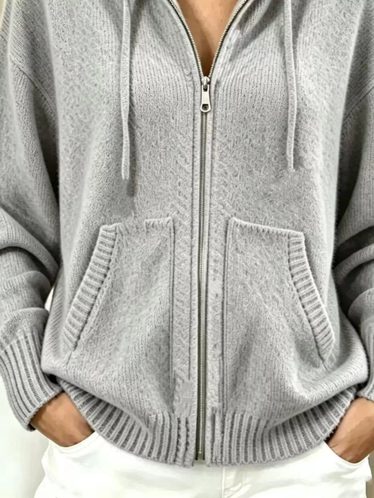 Zip-Up Hooded Knit Cardigan - Gray - View 2