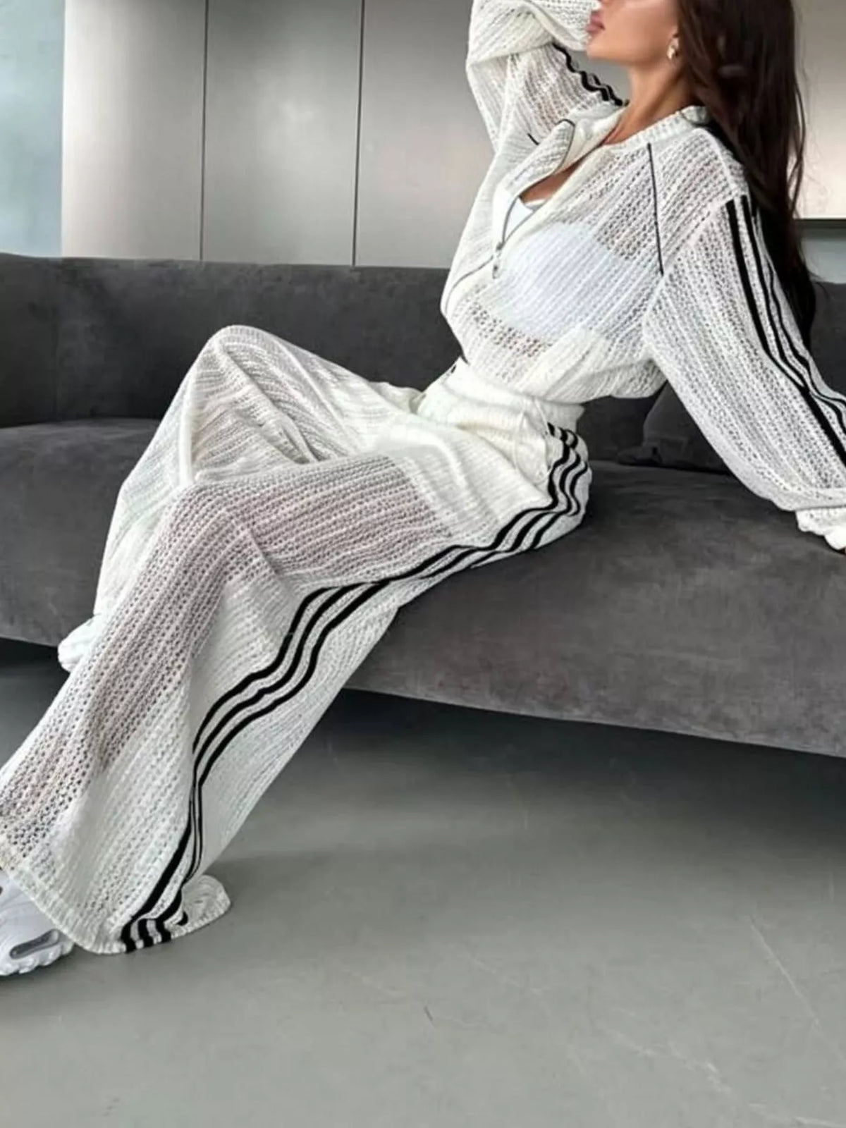 Side Stripes Zip Up Top and Pants Set - White - View 3