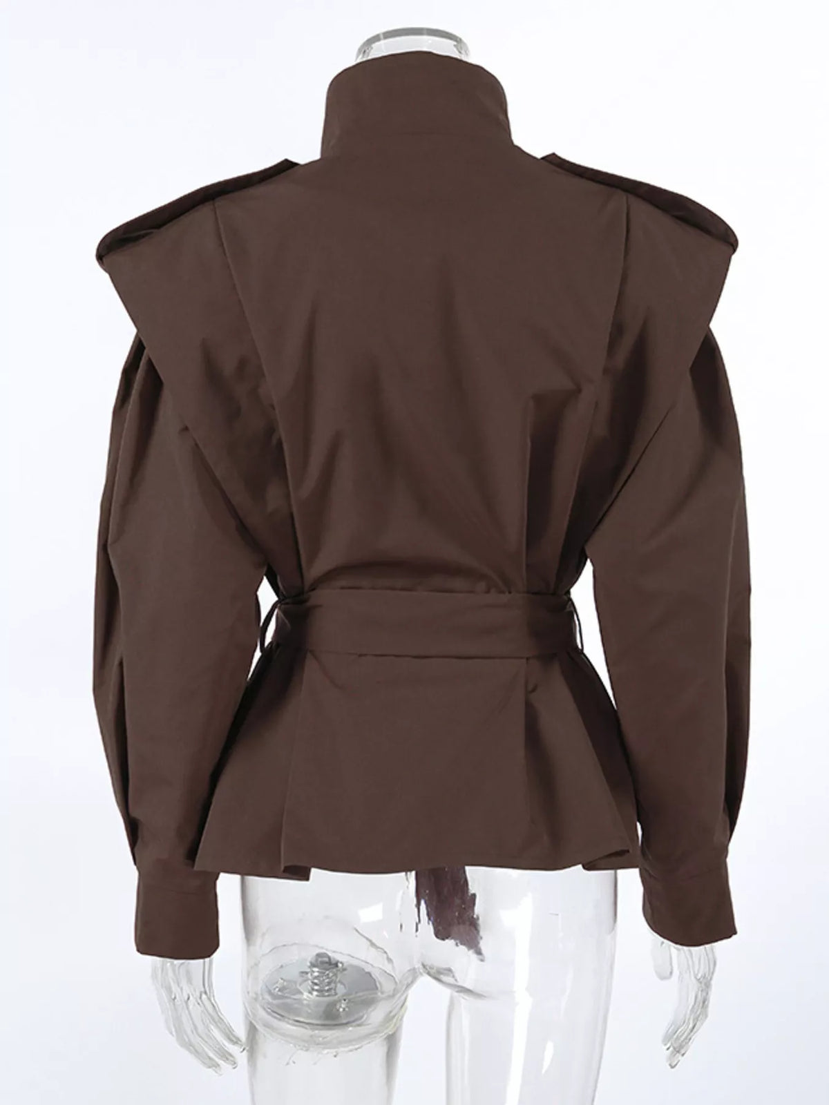 Stand-Collar Belted Outerwear - Brown - View 9