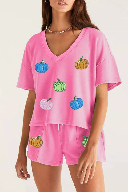 Sequin Halloween Pumpkin Pattern V Neck Tee and Drawstring Bottoms Casual Set - Fuchsia Pink - View 1