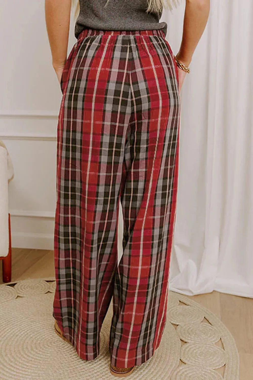 Plaid Elastic Waist Pocket Regular Full-Length Pants - Burgundy - View 5