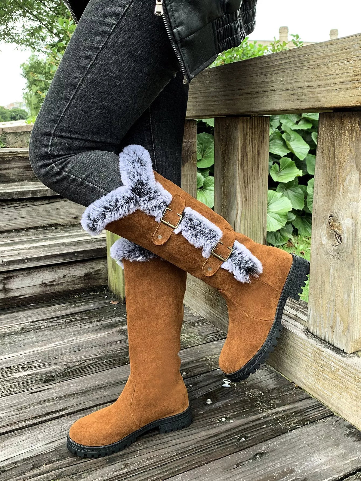 Round Toe Block Heels Boots - Tan - View 1
