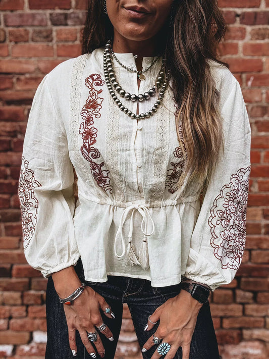 Embroidered Drawstring Waist Blouse - product photo 1