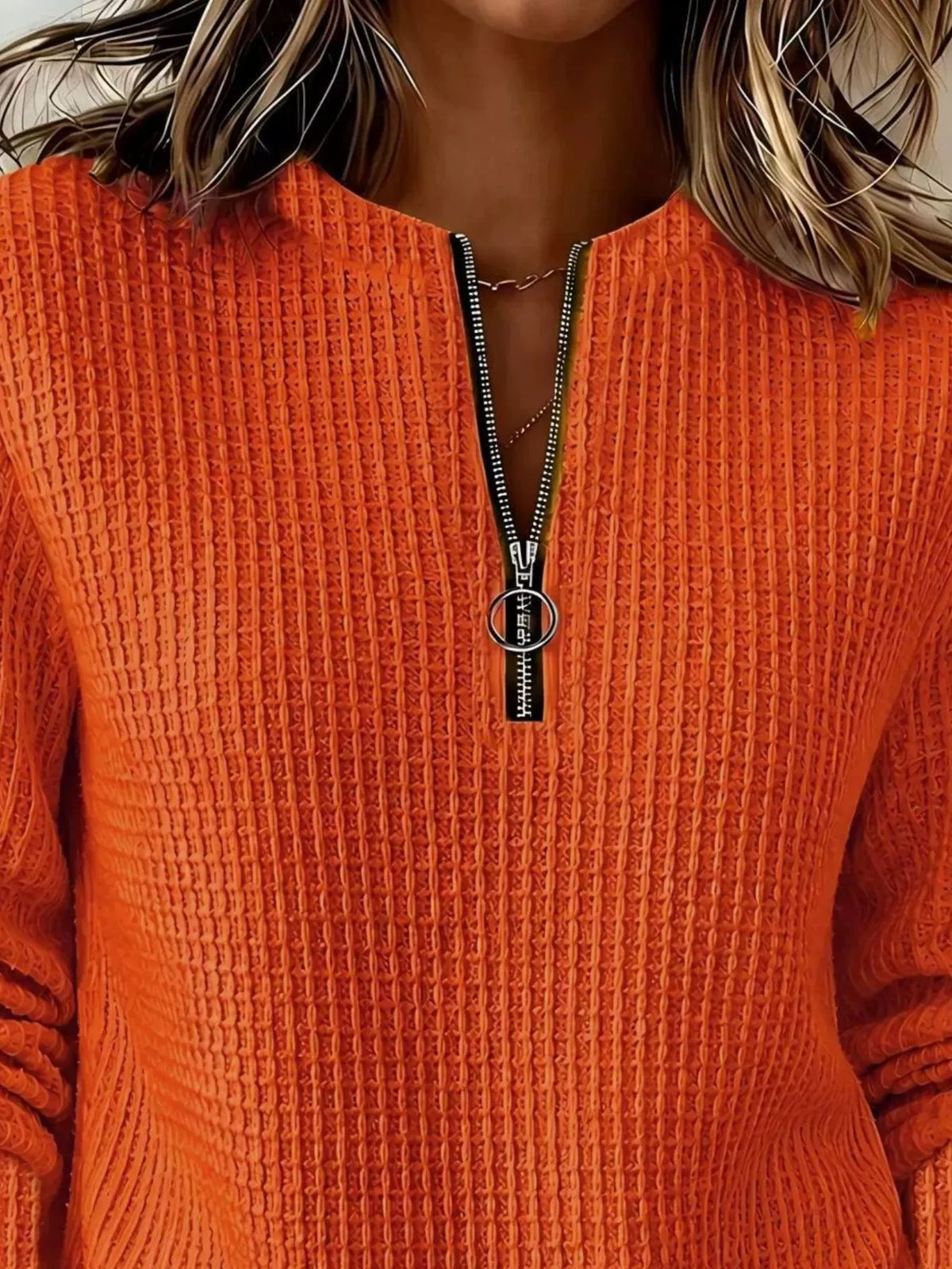 Full Size Quarter-Zip Textured Sweatshirt Plus Size - Orange Red - View 8