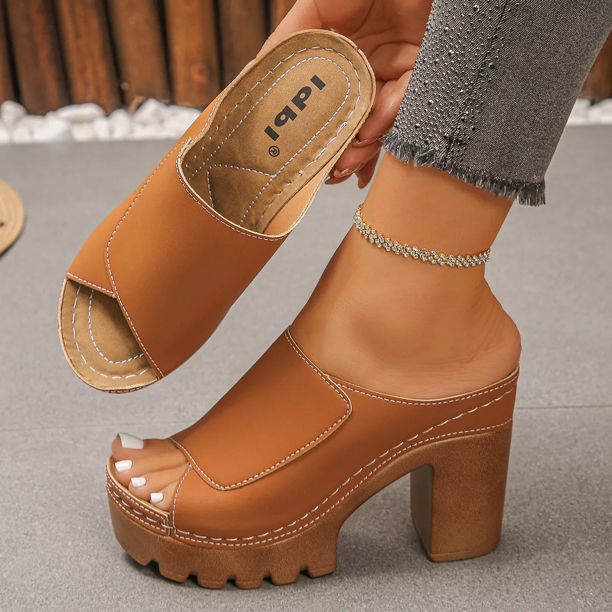 Open Toe Block Heels Sandals - Tan - View 4