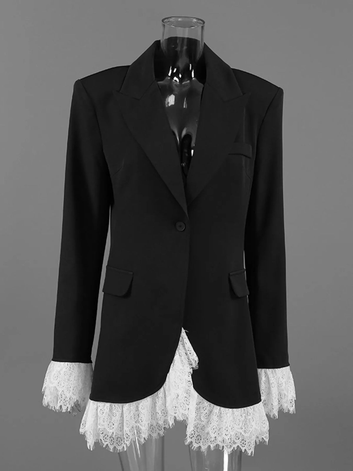 Lace Hem One Button Blazer - Black - View 6
