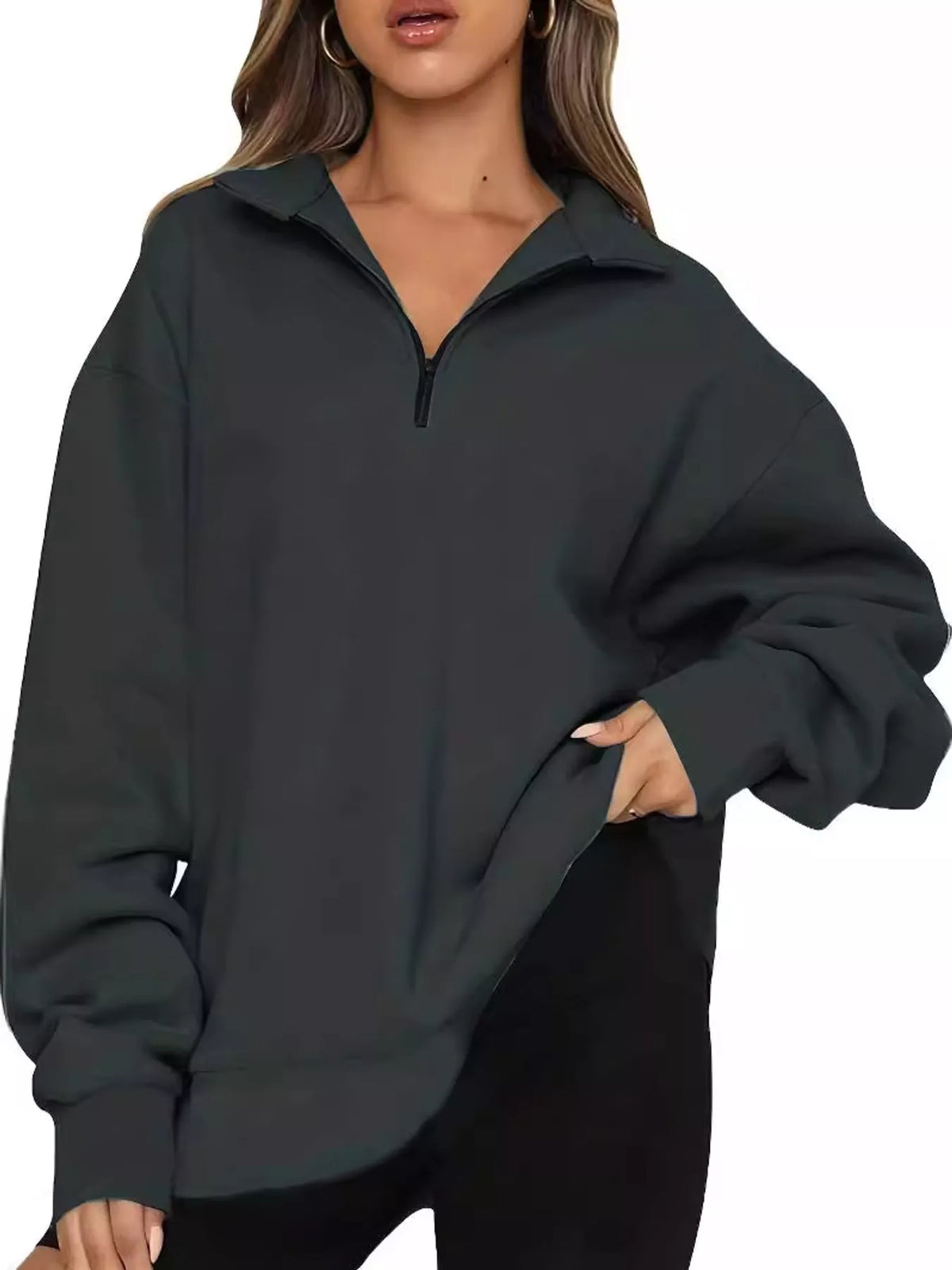 Full Size Quarter-Zip Dropped Shoulder Sweatshirt Plus Size - Dark Gray - View 5