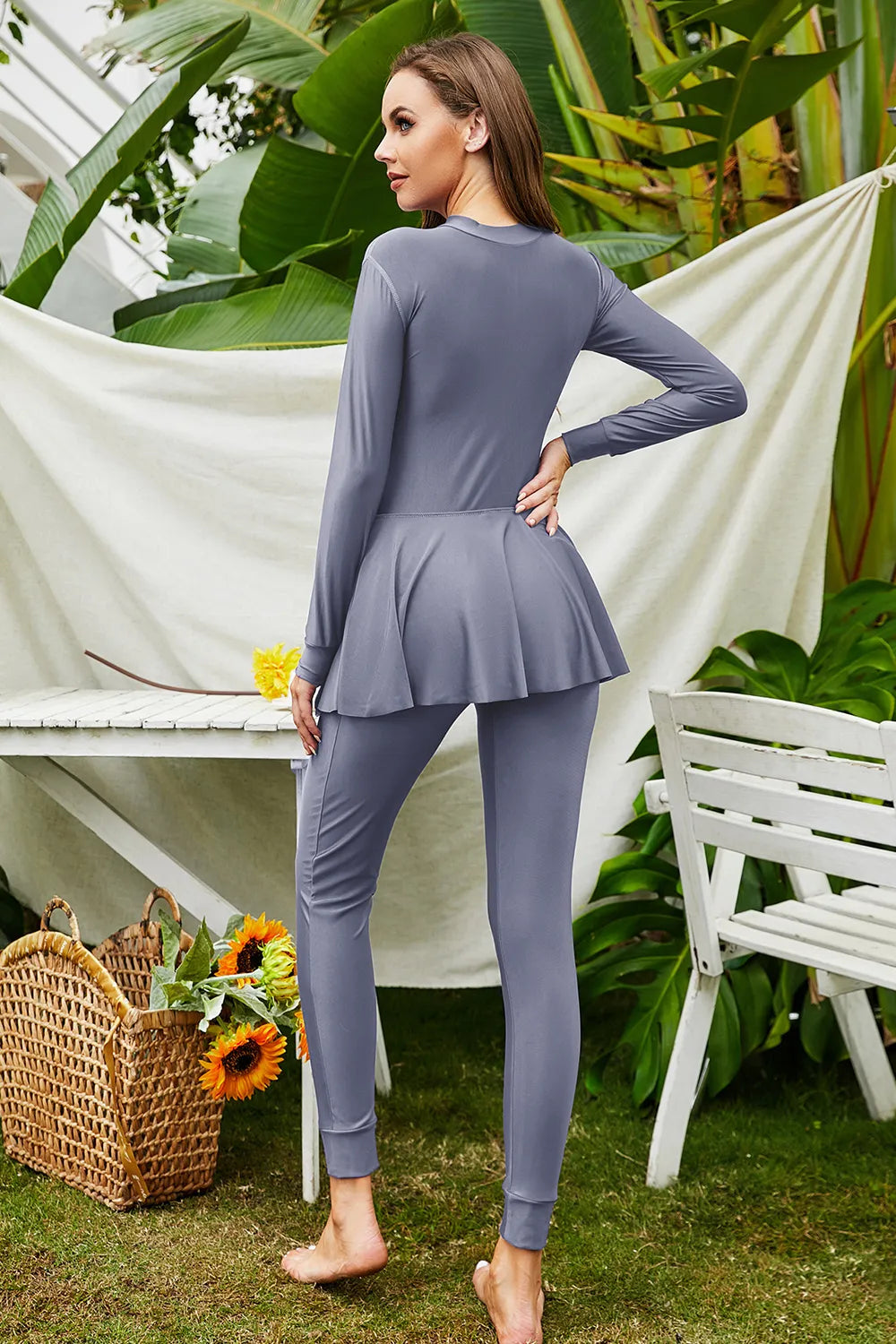 Mock Neck Long Sleeve One-Piece Swimwear - Dark Gray - View 18