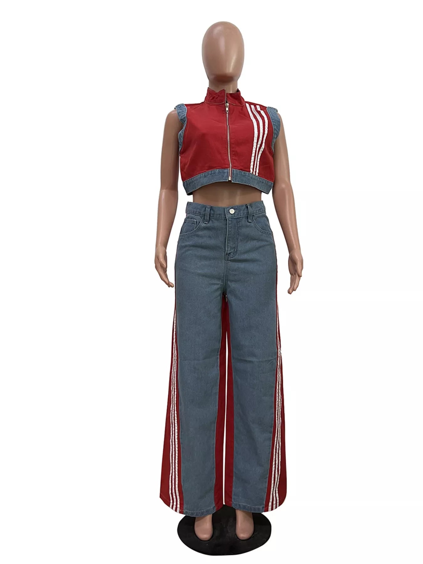 Zip Front Crop Top and Striped Pants Set - Red - Front Mannequin View