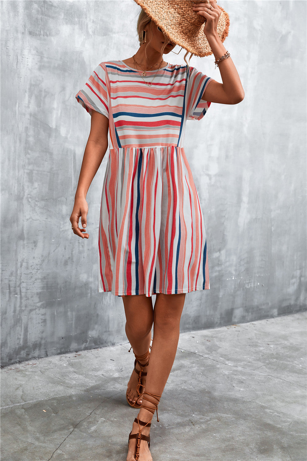 Striped Round Neck Dress - Coral - View 4
