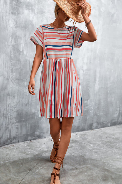 Striped Round Neck Dress - Coral - View 4