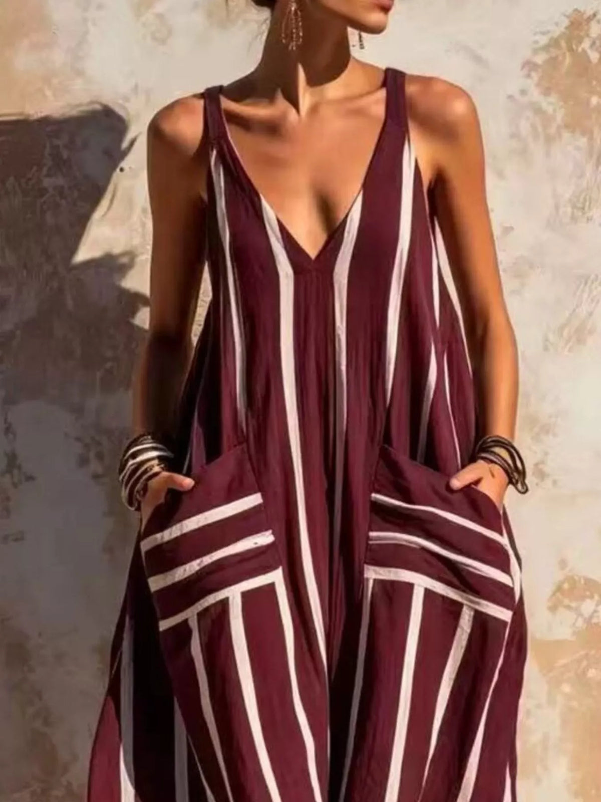 Striped V-Neck Sleeveless Wide-Leg Jumpsuit - Burgundy - View 2