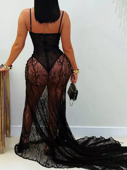 Sweetheart Neck Sheer Lace Maxi Dress - Black - Styled Rear View