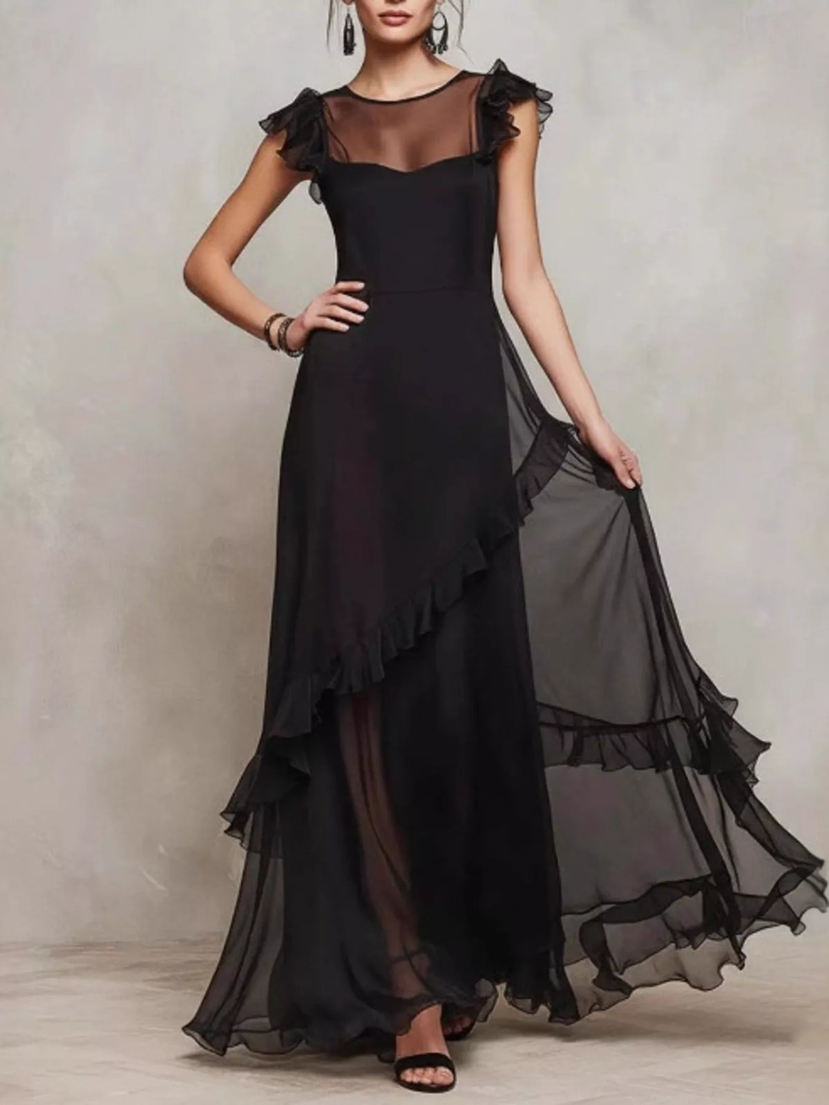 Sheer Ruffle Trim Maxi Dress - Black - View 1