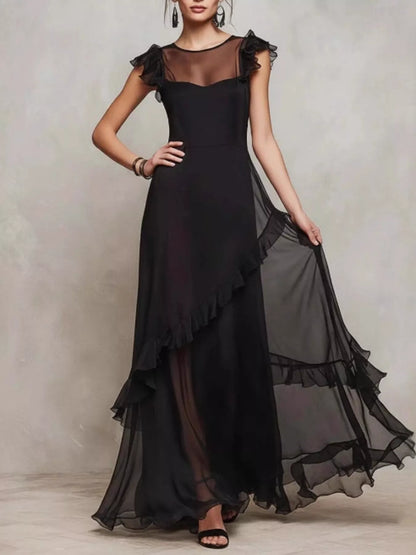 Sheer Ruffle Trim Maxi Dress - Black - View 1