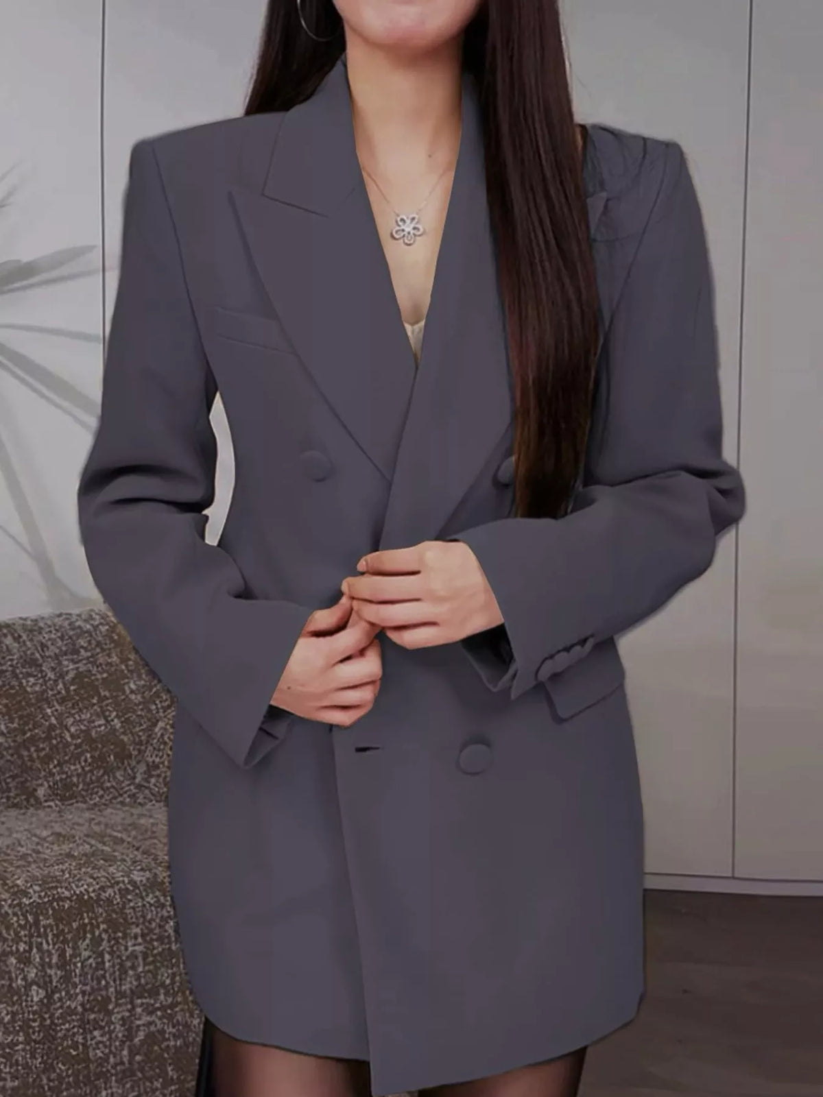 Full Size Double-Breasted Slim-Fit Blazer Plus Size - Dark Gray - View 24
