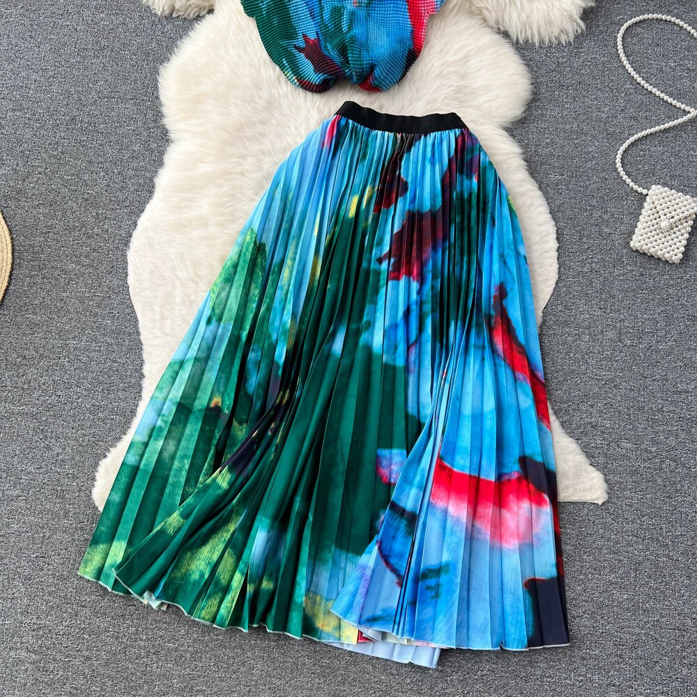 [EWQ] Elegant Short sleeved women's shirt+high waisted pleated skirt trend  2-piece set Summer vacation party clothing