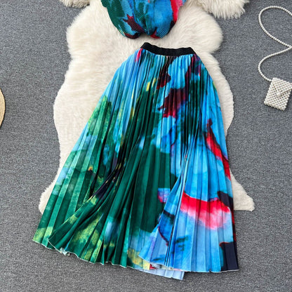 [EWQ] Elegant Short sleeved women's shirt+high waisted pleated skirt trend  2-piece set Summer vacation party clothing