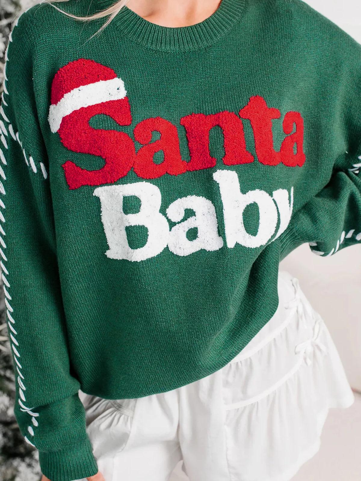 Santa Baby Towel Embroidery Christmas Slogan Pullover Sweater - Dark Green - View 5