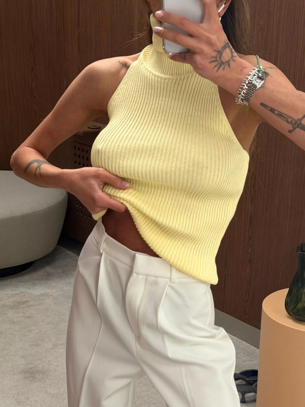 Halter Neck Sweater Tank - Pastel Yellow - View 4