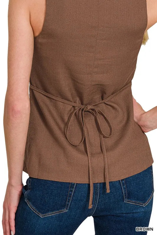 Zenana Linen Tie-back 4-button Vest with Lining - BROWN - View 2
