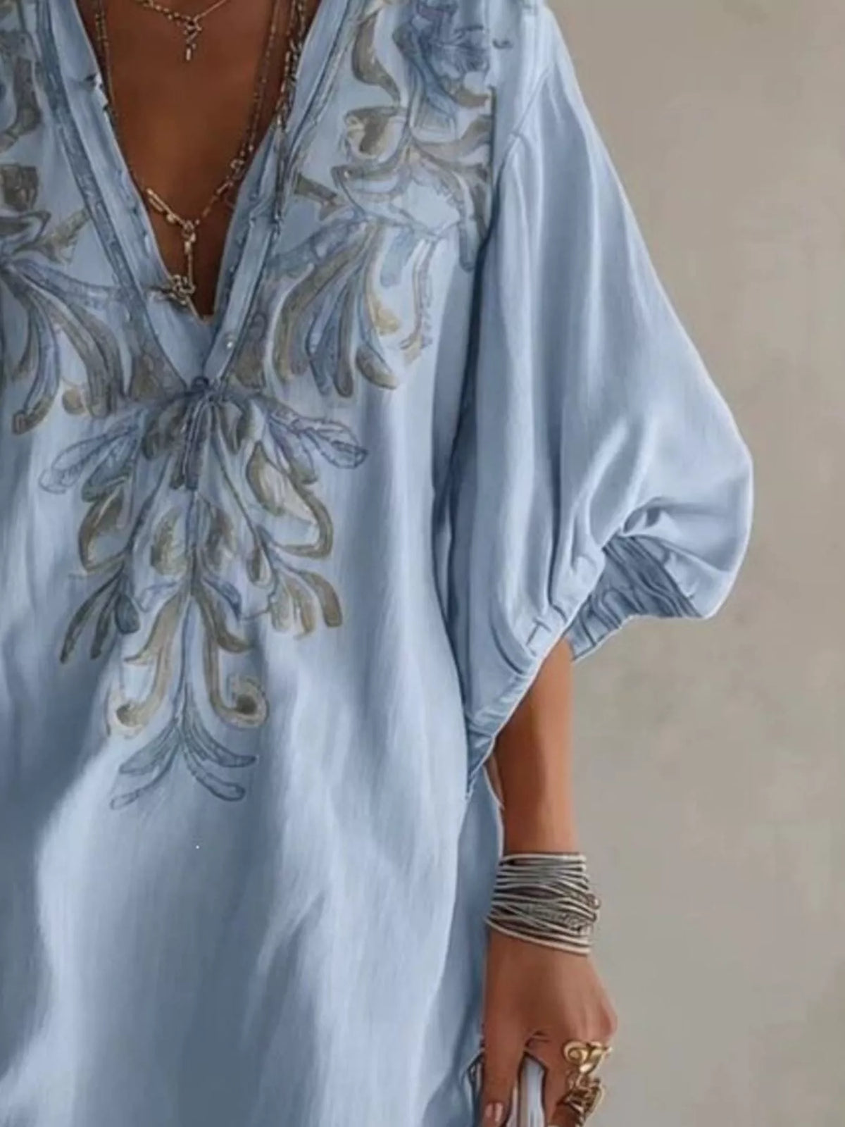 Full Size Embroidered V-Neck Mini Dress Plus Size - Light Blue - View 3