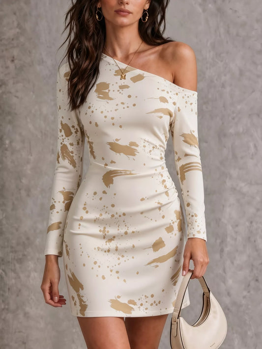 One-Shoulder Long Sleeve Paint Splatter Bodycon Mini Dress - Beige - View 1