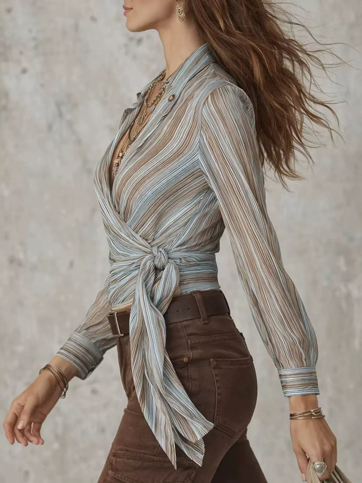 Striped Wrap Shirt with Tie-Front Detail - Sage - View 2