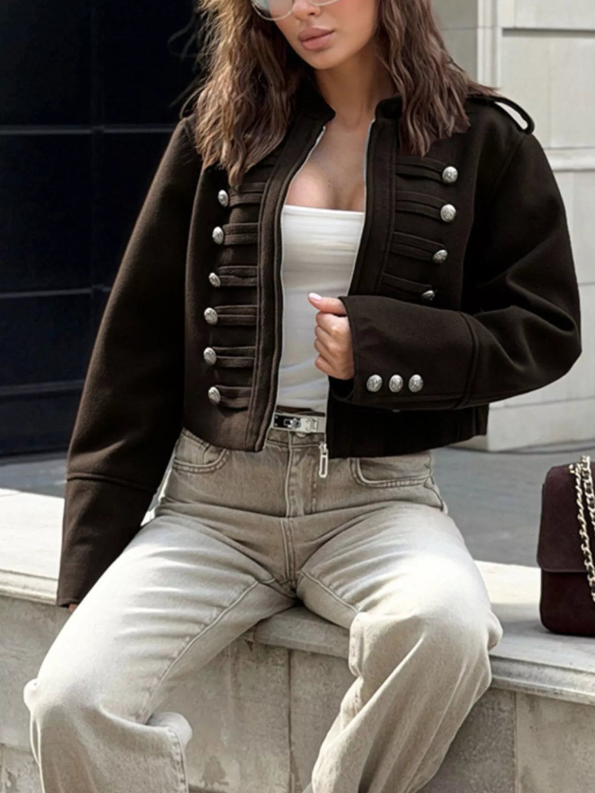 Zip Up Cropped Jacket - Coffee Brown - View 1