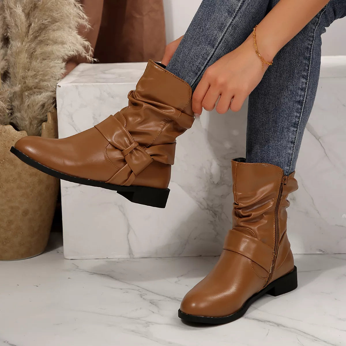 Round Toe Low Heel Boots - Brown - View 12