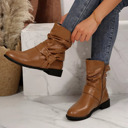 Round Toe Low Heel Boots - Brown - View 12