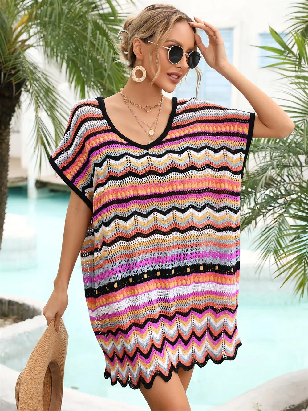 Angel Wings Rainbow Stripe Scalloped V-Neck Cover-Up Dress - Black - View 7