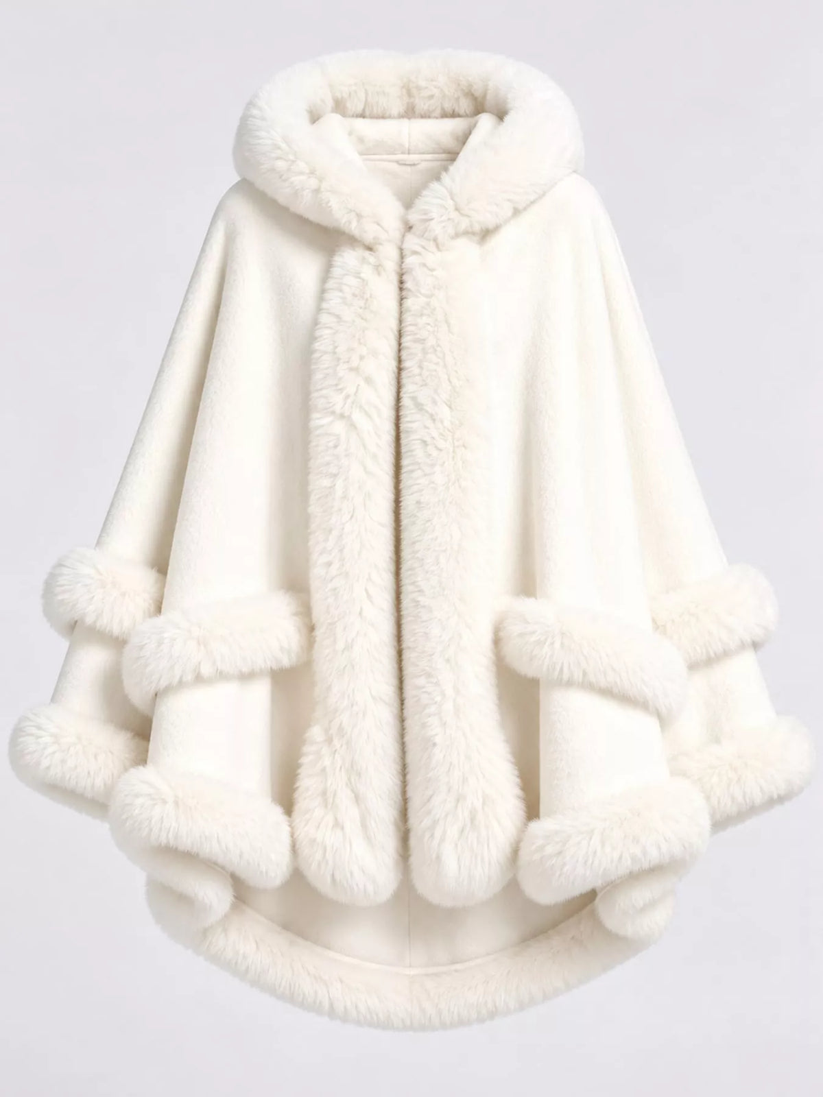 Faux Fur Trimmed Hooded Cape - White - View 47