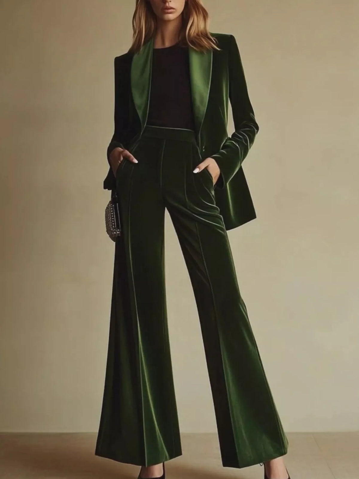 Velvet Blazer and Wide-Leg Pants Set - All Colors - View 1