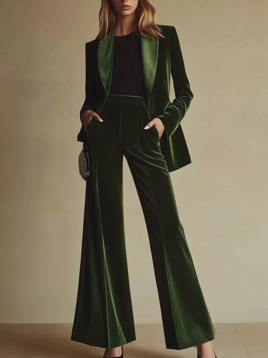 Velvet Blazer and Wide-Leg Pants Set - All Colors - View 1