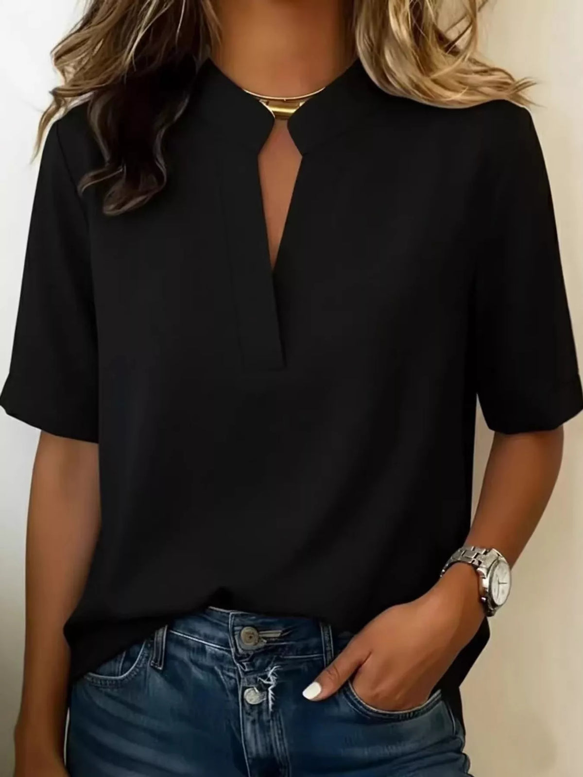 Full Size Notched Short Sleeve Blouse Plus Size - Black - View 6