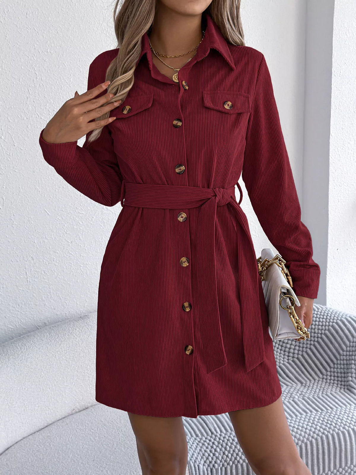 Corduroy Button-Down Shirt Dress - Burgundy - View 3