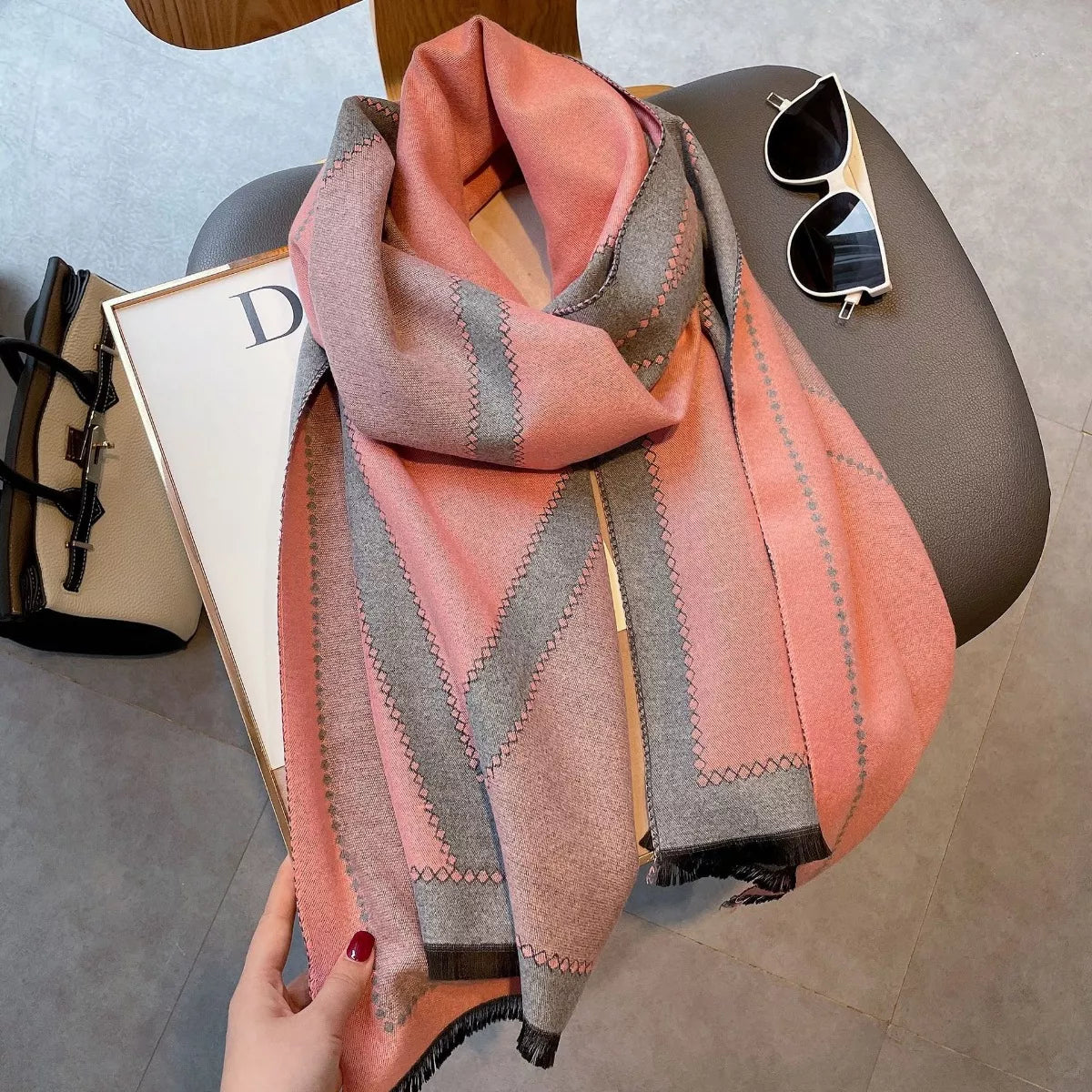 Raw Hem Contrast Scarf - Dusty Pink - View 4