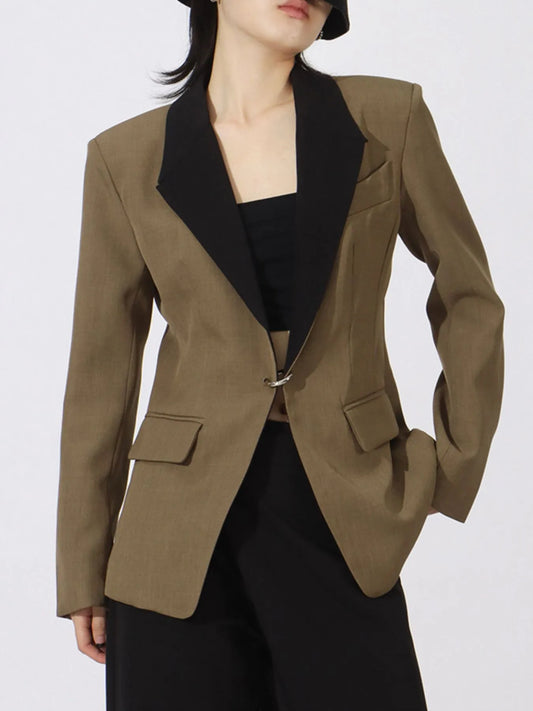 Contrast Lapel Collar Long Sleeve Blazer - Khaki Green - View 1