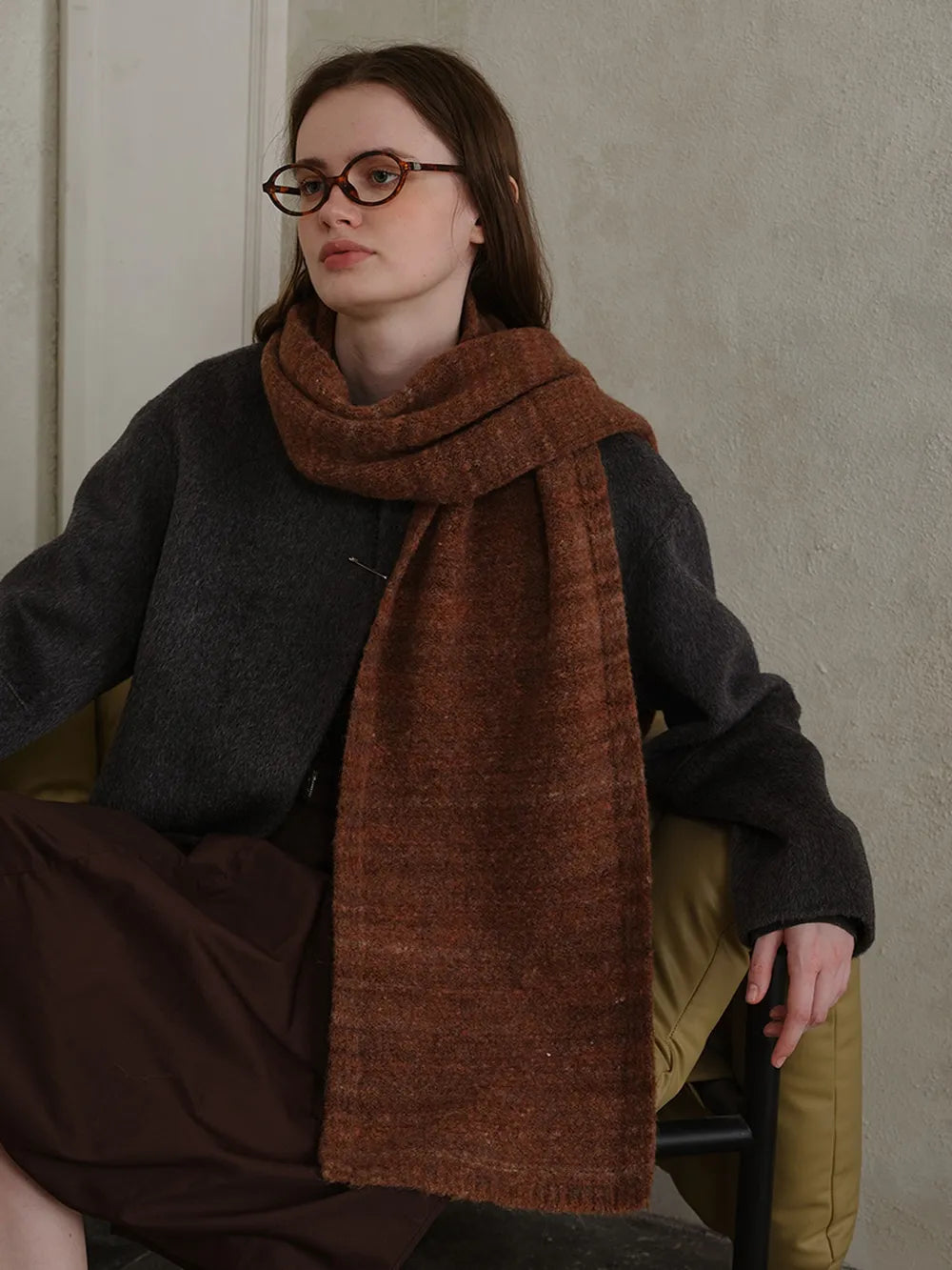 Striped Detail Knit Scarf - Dark Brown - View 10