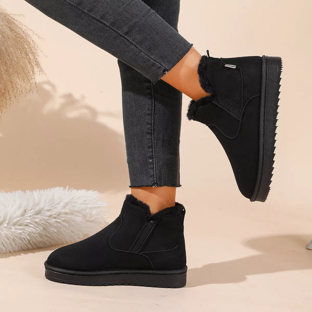 Plush Lined Winter Ankle Boots - Black - View 5