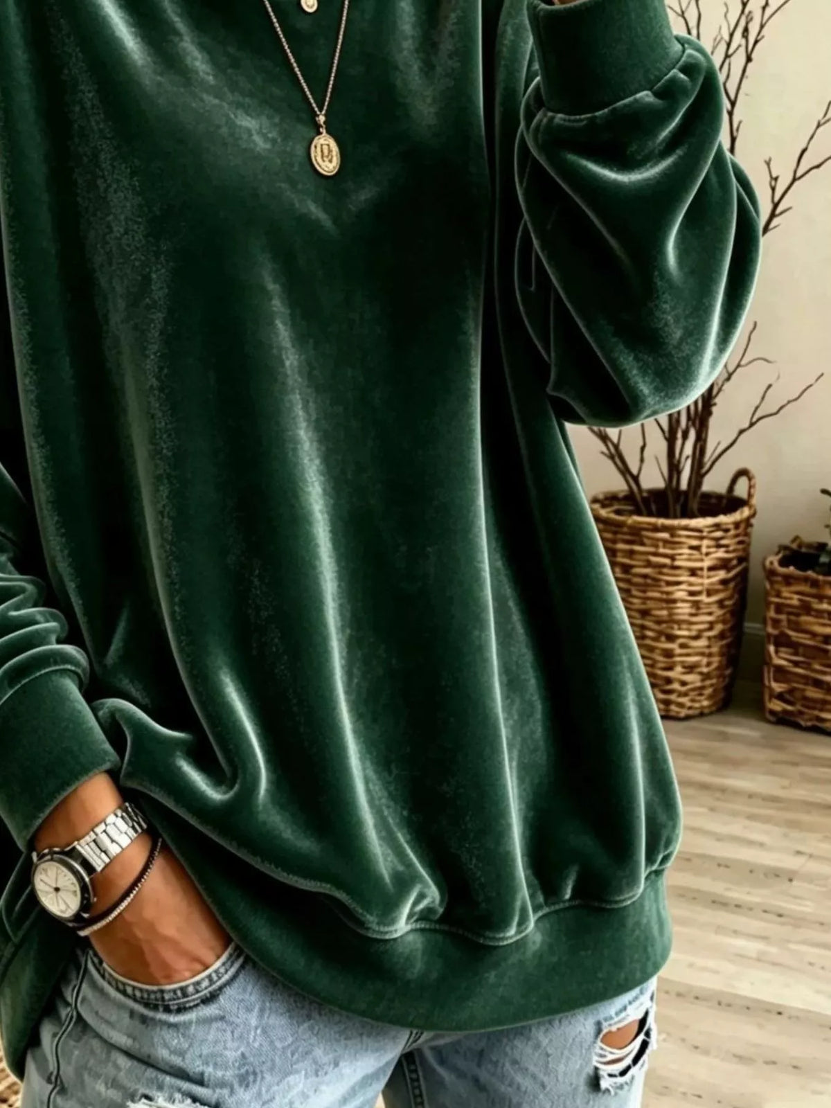 Full Size Solid Color Crew Neck Sweatshirt Plus Size - Dark Green - View 14