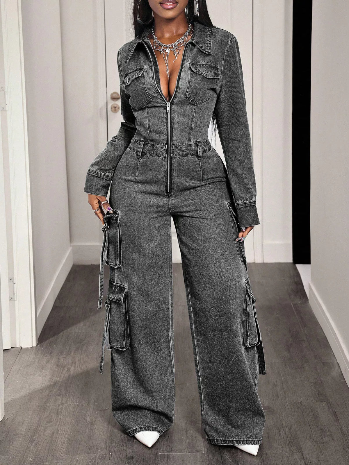 Zip Front Wide Leg Cargo Denim Jumpsuit - Gray - View 4