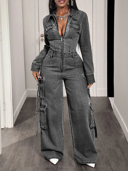 Zip Front Wide Leg Cargo Denim Jumpsuit - Gray - View 4